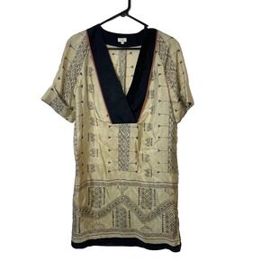 Hoss Intropia Short Cuffed Sleeve Geo Prints Tunic Blouse Womens 36 Brown V-Neck
